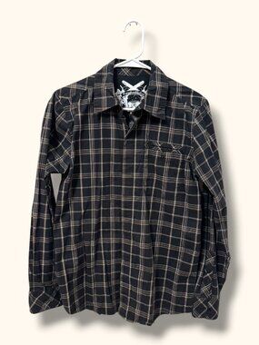 Empyre Button Up Shirt Mens S Black Plaid Long Sleeve Skull Graphic Casual